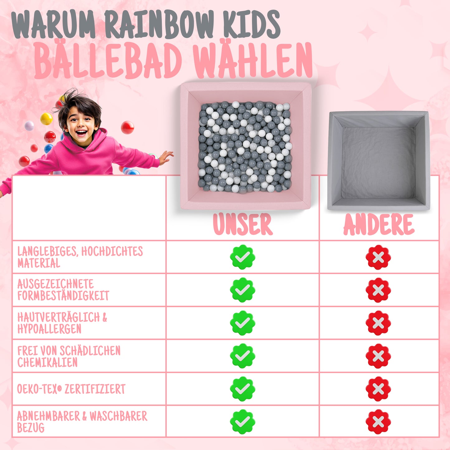L Bällebad Rosa 90×90×40 cm | Kunstleder Kinder Bällebad – Rainbow Kids
