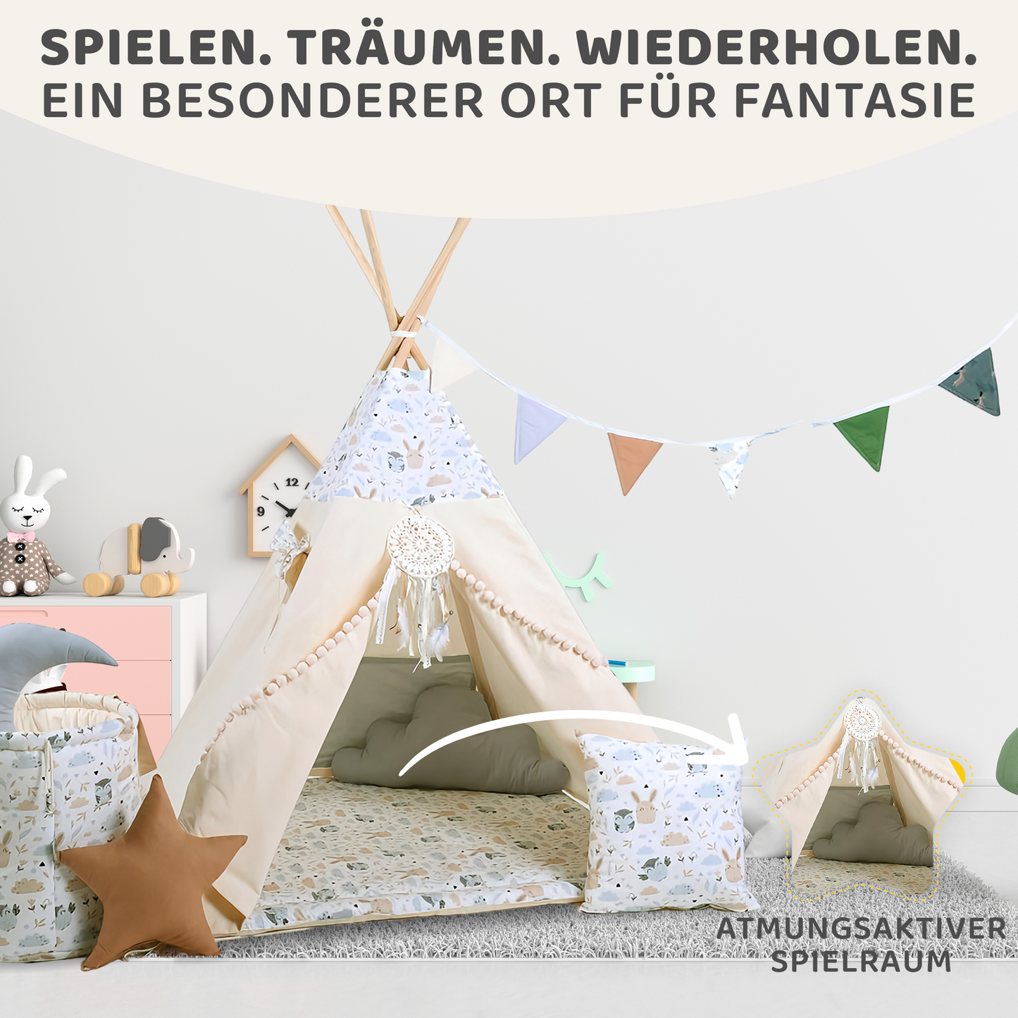 Tipi Spielzelt Eulchen & Hasi | Kinderzelt mit Eulen & Hasen – Rainbow Kids