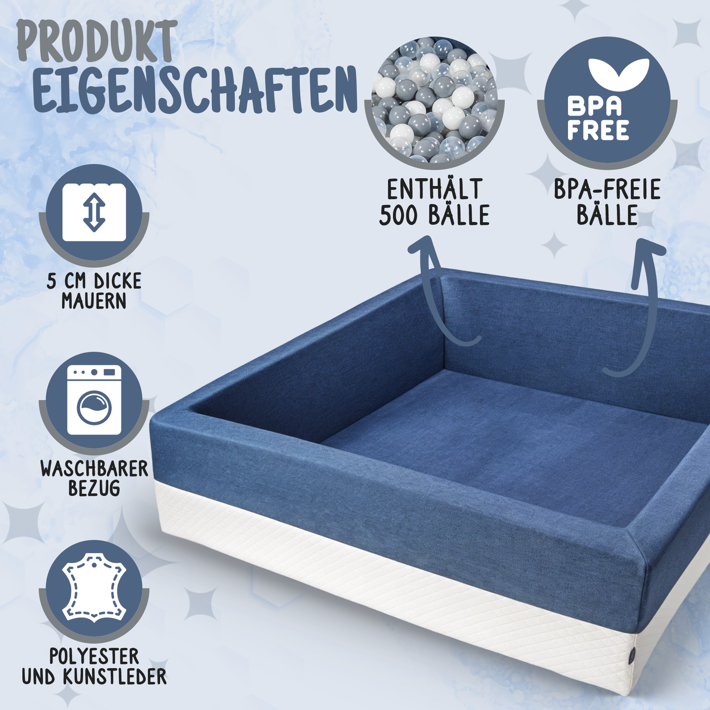 Eigenschaften XXL Bällebad Dunkelblau: 5 cm Wände, waschbarer Bezug, 500 BPA-freie Bälle, Polyester und Kunstleder