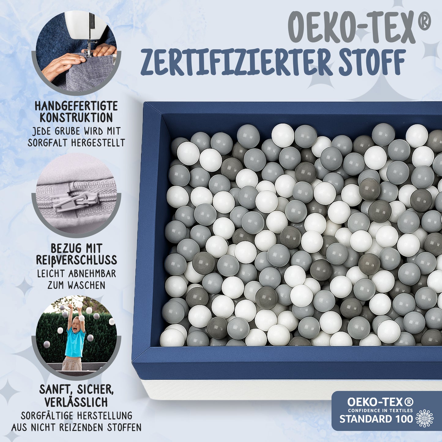 Bällebad Dunkelblau 90×90×40 cm mit OEKO-TEX zertifiziertem Stoff – Rainbow Kids