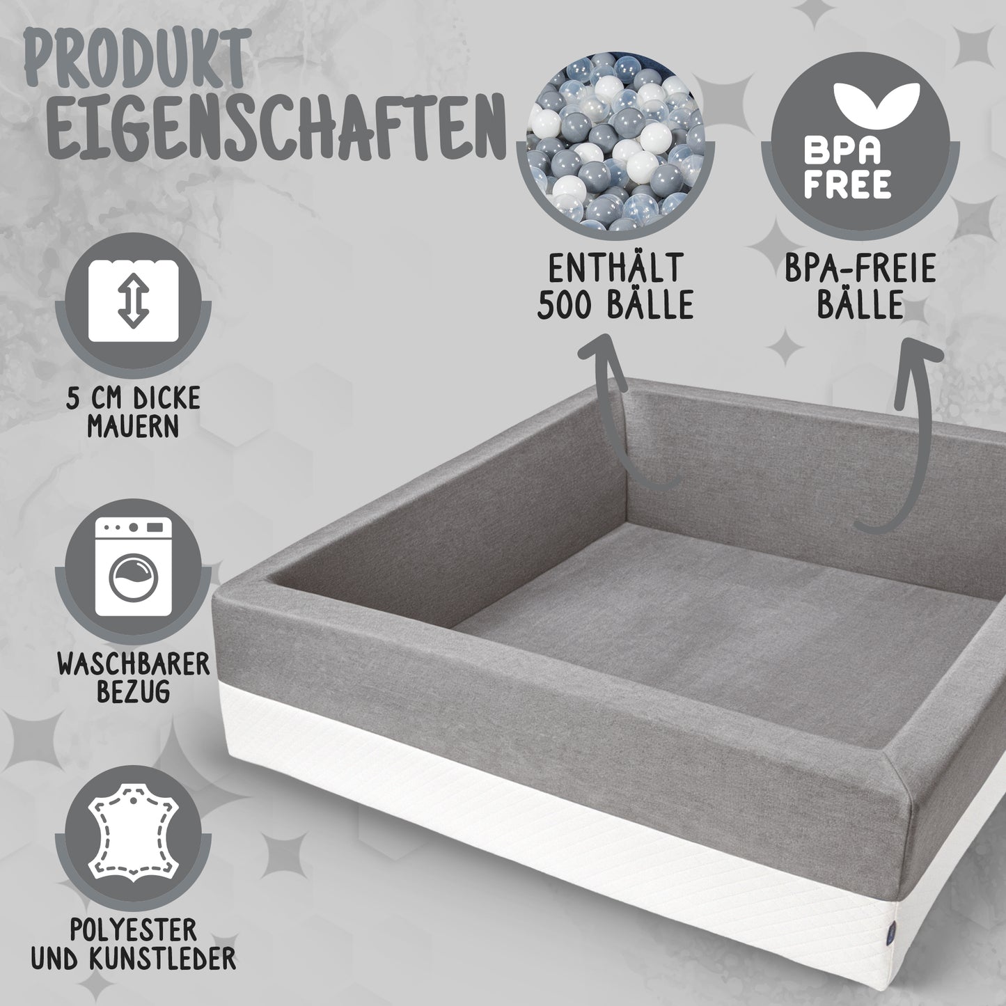 Bällebad Grau 110×110×40 cm OEKO-TEX zertifiziert mit Kind spielend – Rainbow Kids