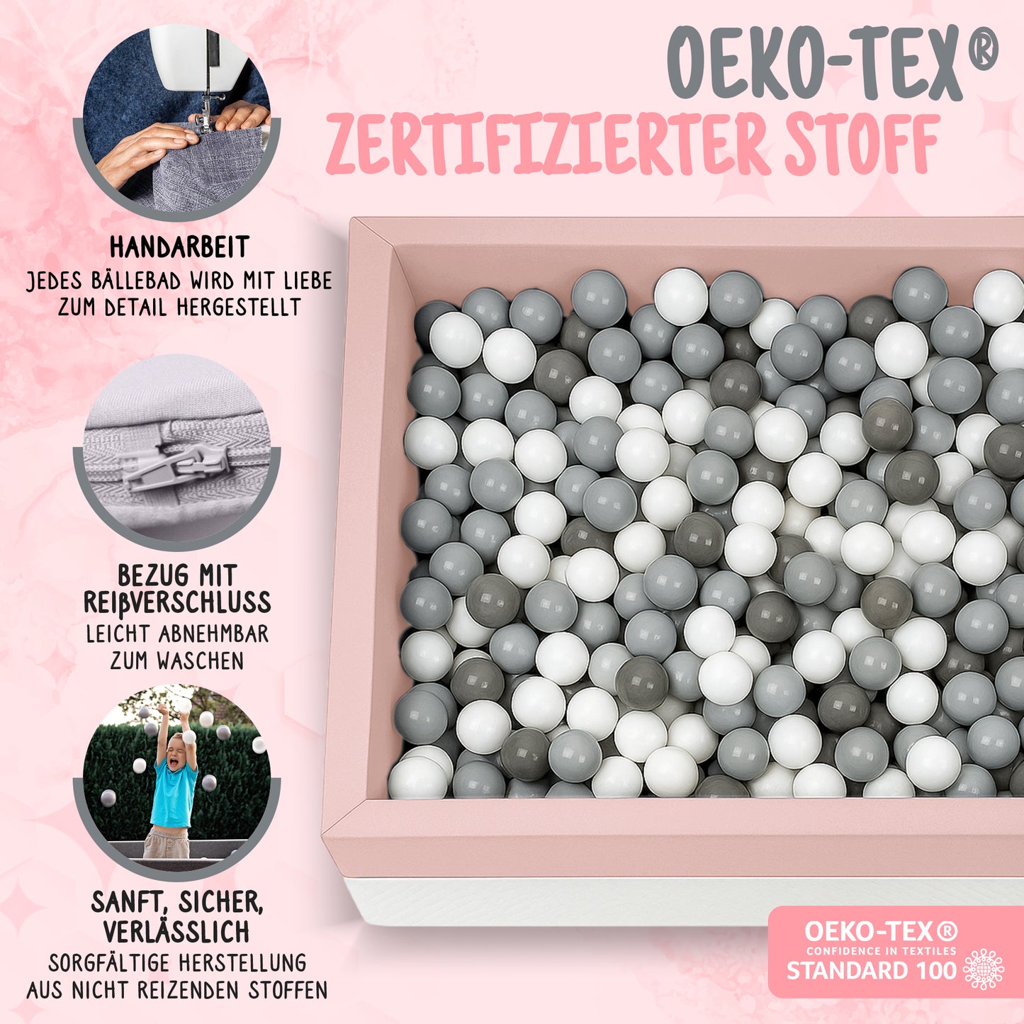 Bällebad Rosa 120×90×40 cm OEKO-TEX zertifiziert mit grauen und weißen Bällen – Rainbow Kids