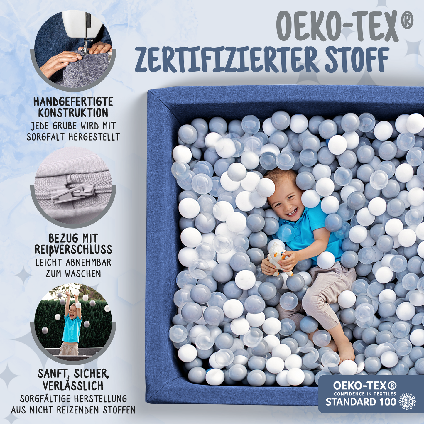 OEKO-TEX zertifizierter Stoff, handgefertigt, Bezug mit Reißverschluss; Kind im Bällebad