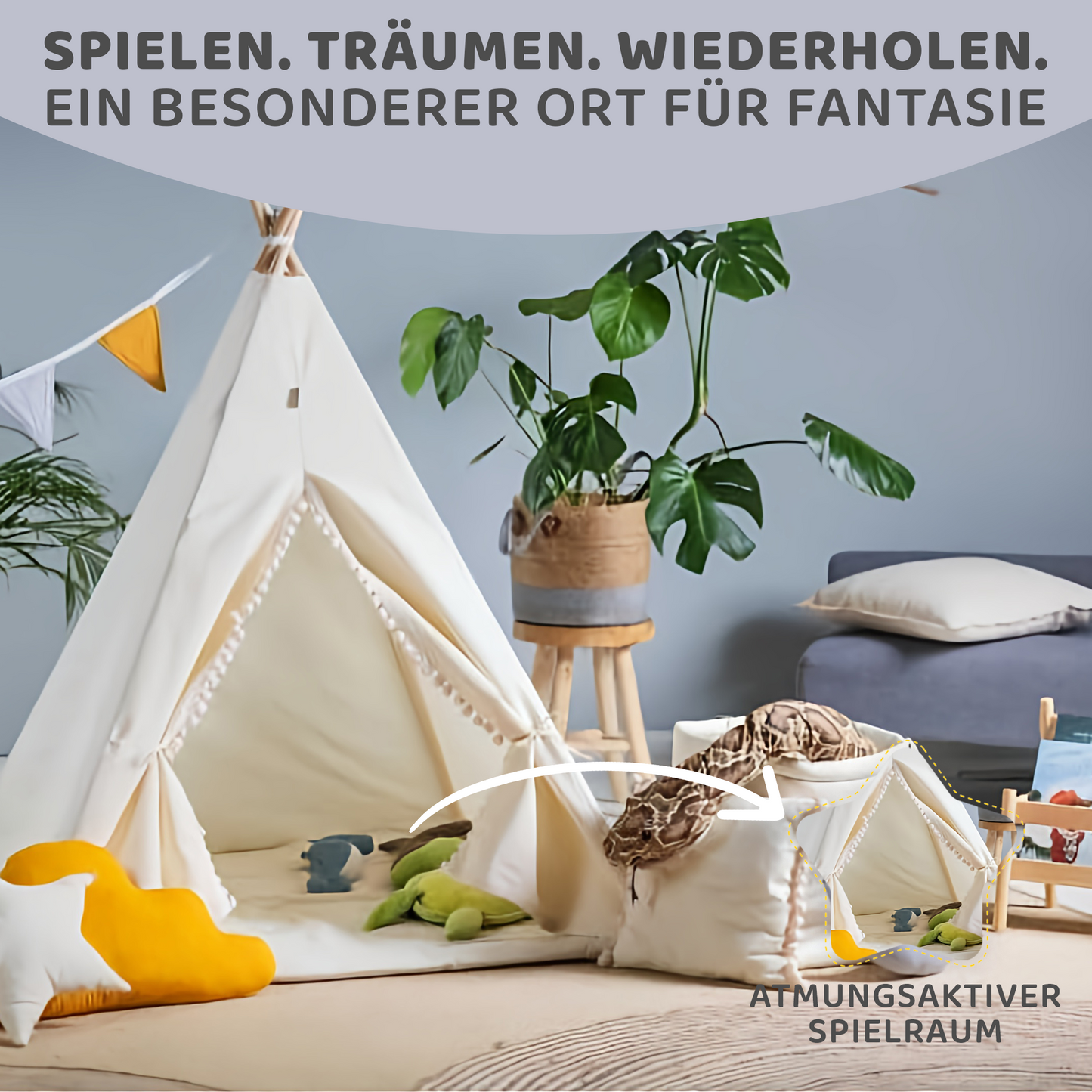 Tipi Spielzelt Beiger Wolf dekoriert im Kinderzimmer mit großem Zubehör-Set: Matte, Kissen, Spielzeugkorb und Wimpelkette