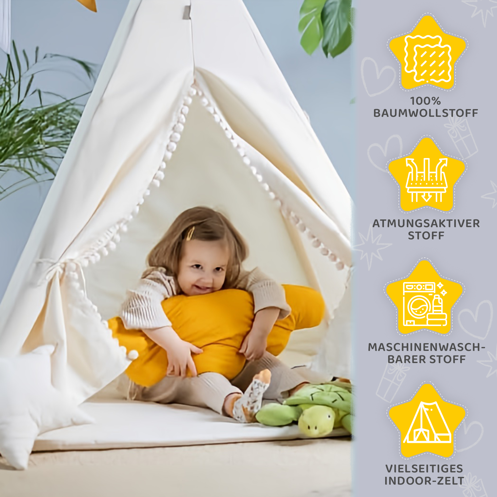baumwollstoff zelt Tipi Beiger Wolf – Kinder Tipi aus Baumwolle