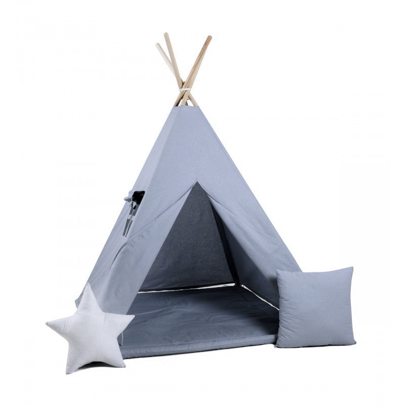 Tipi Spielzelt Graue Maus von Rainbow Kids mit grauer Spielmatte und Sternenkissen