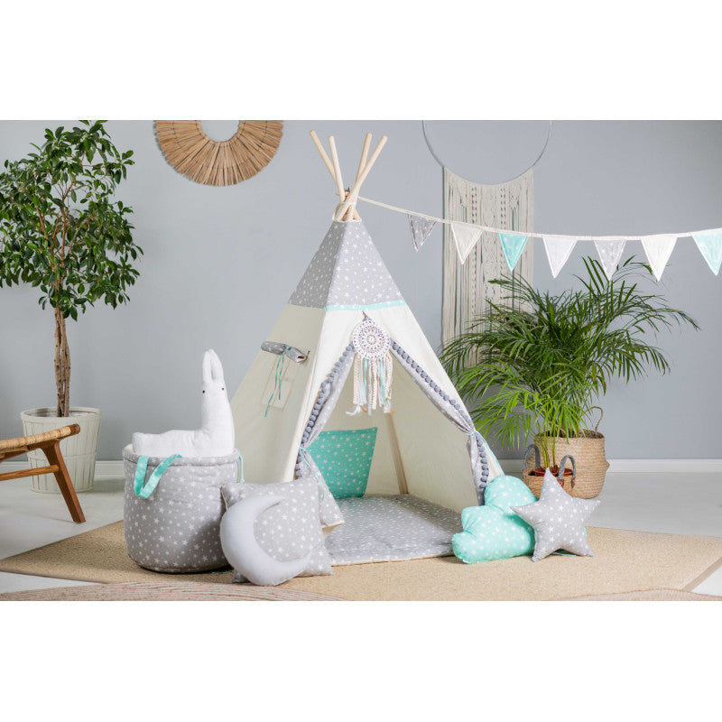 Tipi Spielzelt Wolfstern Grau | Kinderzelt mit Stern & Wolf Motiv – Rainbow Kids