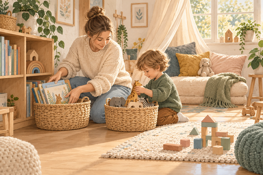 Illustration: Kind und erwachsene Person räumen Bücher und Holztiere in Körbe neben einer gemütlichen Leseecke.