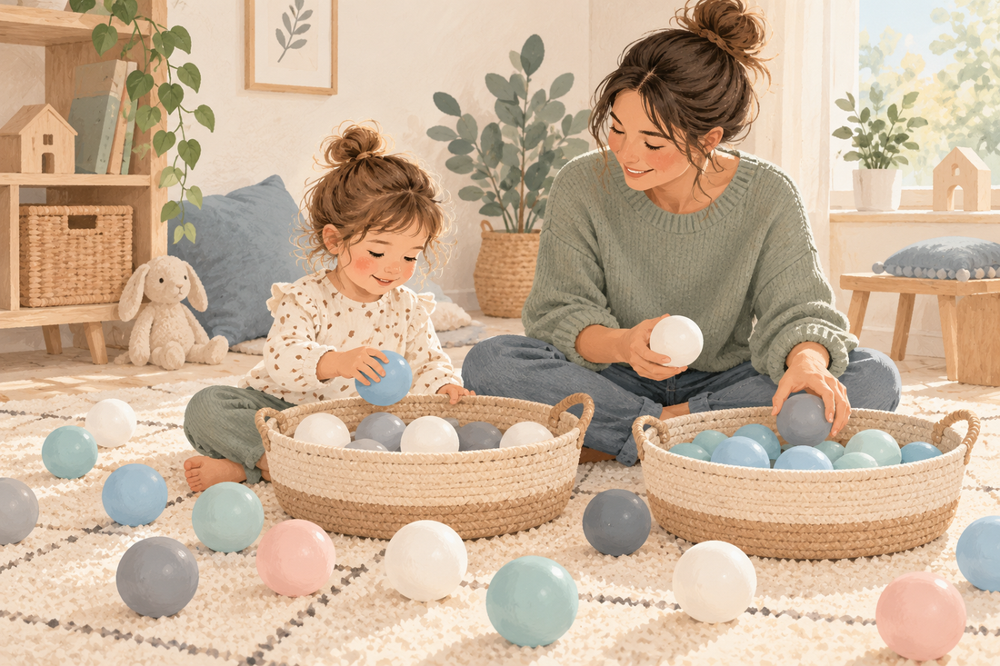 Illustration: Kind und erwachsene Person sortieren helle und pastellfarbene Bälle in zwei Körbe.