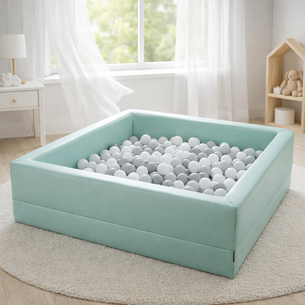 Bällebad steht am offenen Fenster zum Auslüften – Geruch nach dem Auspacken reduzieren