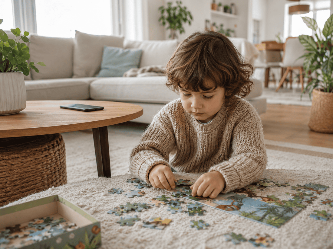 Kind spielt zuhause mit einem Puzzle statt mit dem Smartphone