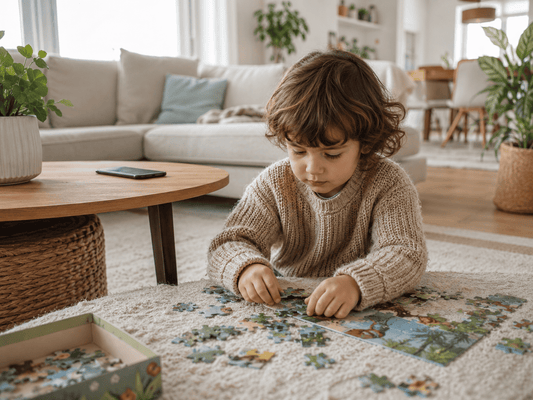Kind spielt zuhause mit einem Puzzle statt mit dem Smartphone