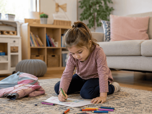 Kind nach der Kita malt entspannt ein Bild im Wohnzimmer – ruhige Beschäftigung zum Runterkommen