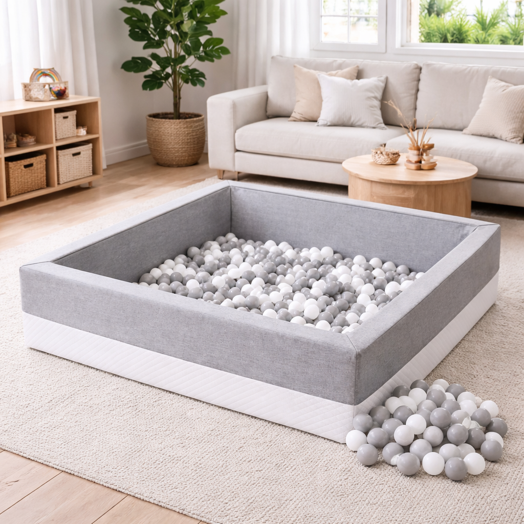 Großes graues Bällebad mit weißen und grauen Bällen in einem modernen Wohnzimmer mit Sofa und hellem Teppich