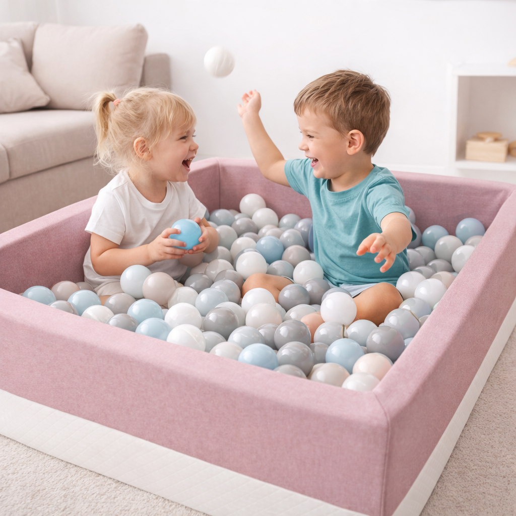 Zwei Kinder spielen gemeinsam in einem rosa Bällebad mit pastellfarbenen Bällen im modernen Wohnzimmer