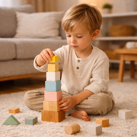 Kind stapelt konzentriert Bausteine im modernen Wohnzimmer – pädagogisch wertvolles Spiel für zuhause