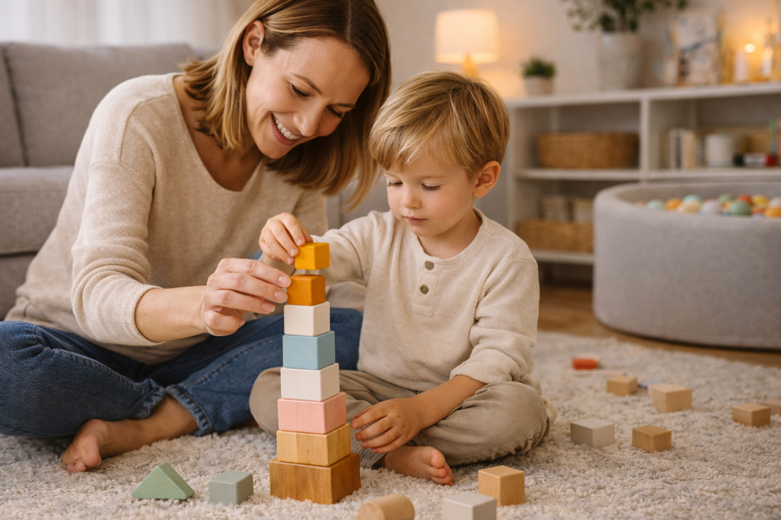 Mutter spielt gemeinsam mit ihrem Kind im Wohnzimmer und stapelt Bausteine – Indoor-Spielidee für zuhause