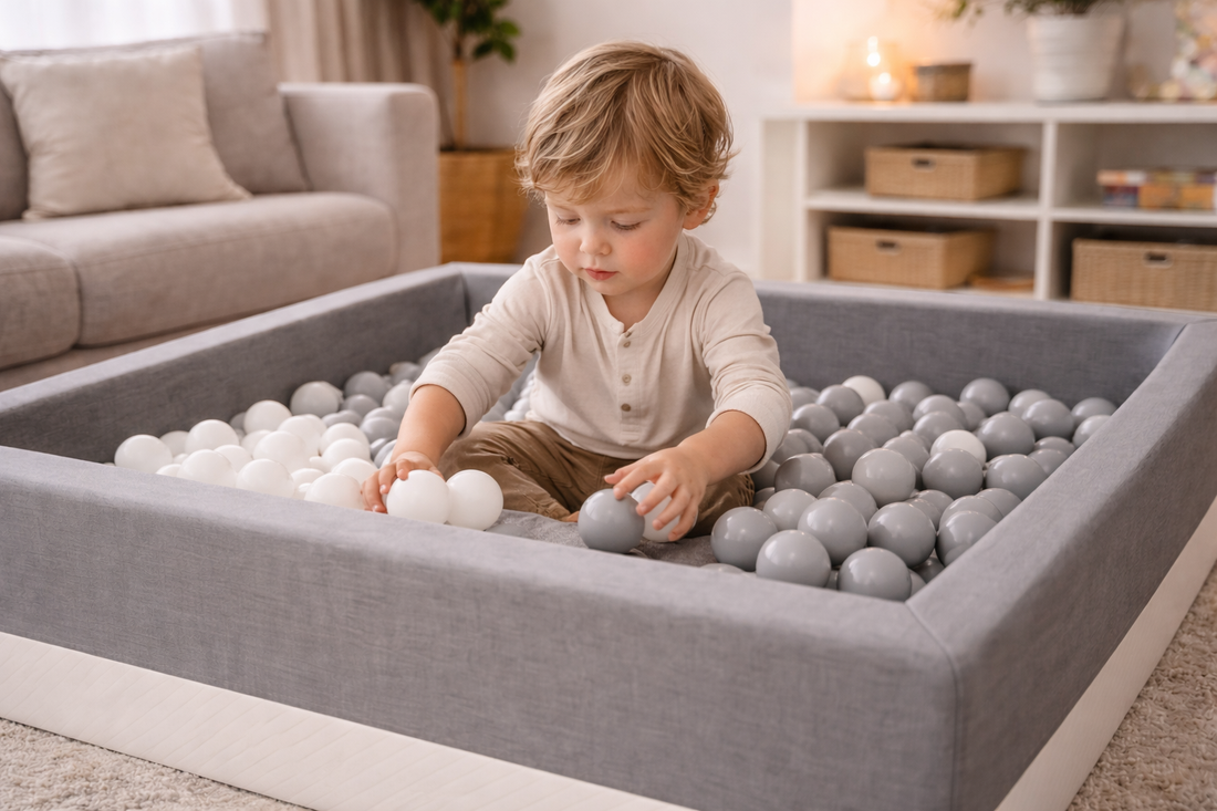 Dreijähriges Kind sortiert weiße und graue Bälle im grauen Bällebad im modernen Wohnzimmer und fördert spielerisch Motorik