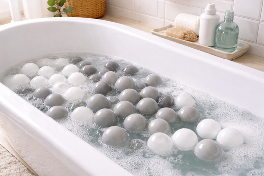 Weiße und graue Bälle aus dem Bällebad werden in der Badewanne mit lauwarmem Wasser und Schaum gereinigt