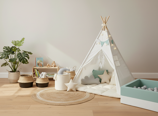Nachhaltig eingerichtetes Kinderzimmer im skandinavischen Stil mit Baumwoll-Tipi, Mint-Weiß Bällebad, Naturteppich, Körben und Holzregal. Helle, ruhige Atmosphäre.