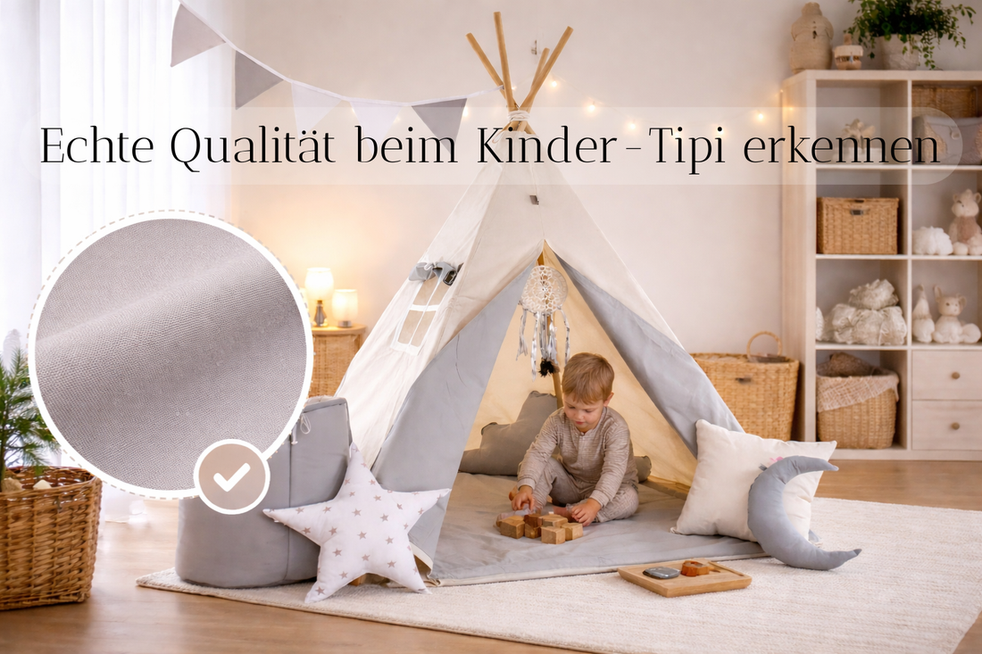 Kind spielt im hellen Kinderzimmer im grauen Spieltipi mit Bodenmatte; Stoff-Detailansicht zeigt hochwertige Tipi-Qualität.