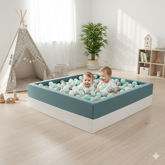 Ein nachhaltiges, rechteckiges Bällebad für Kinder in Hellgrau-Weiß, gefüllt mit farblich abgestimmten Bällen. Steht in einem hellen Kinderzimmer im skandinavischen Stil – sicher, schadstofffrei und handgefertigt von Rainbow Kids.