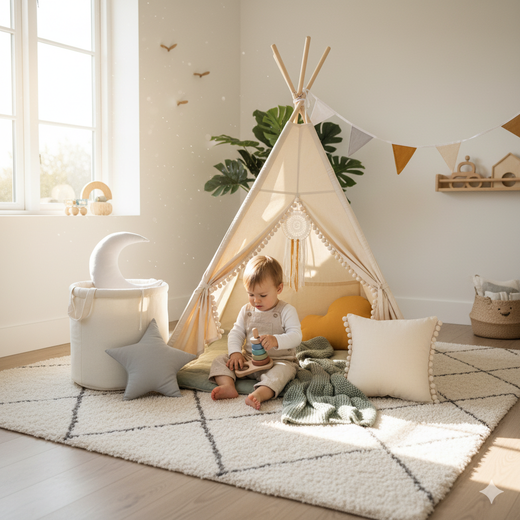 Tipi-Zelt für Kinder im hellen skandinavischen Kinderzimmer – gemütlicher Rückzugsort mit Kissen, Decke und liebevollen Details, handgefertigt von Rainbow Kids.