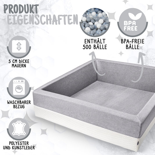 XXL Bällebad Hellgrau 120×120×40 cm | Kunstleder Kinder Bällebad – Rainbow Kids