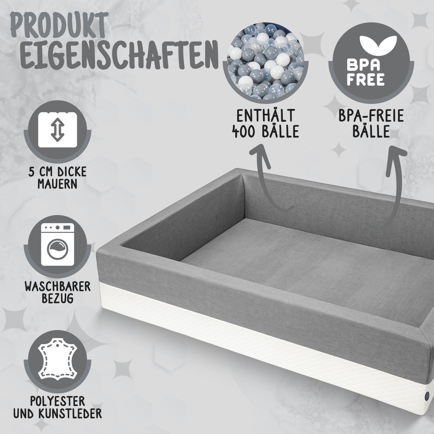 XL Bällebad Grau 120×90×40 cm | Kunstleder Kinder Bällebad – Rainbow Kids