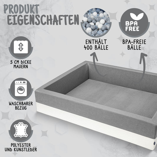 XL Bällebad Grau 120×90×40 cm | Kunstleder Kinder Bällebad – Rainbow Kids