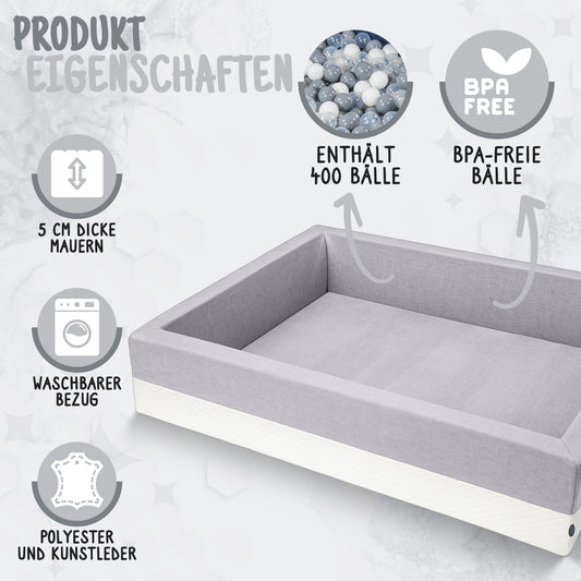 XL Bällebad Hellgrau 120×90×40 cm | Kunstleder Kinder Bällebad – Rainbow Kids