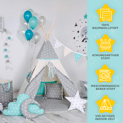 Tipi Spielzelt Wolfstern Grau | Kinderzelt mit Stern & Wolf Motiv – Rainbow Kids