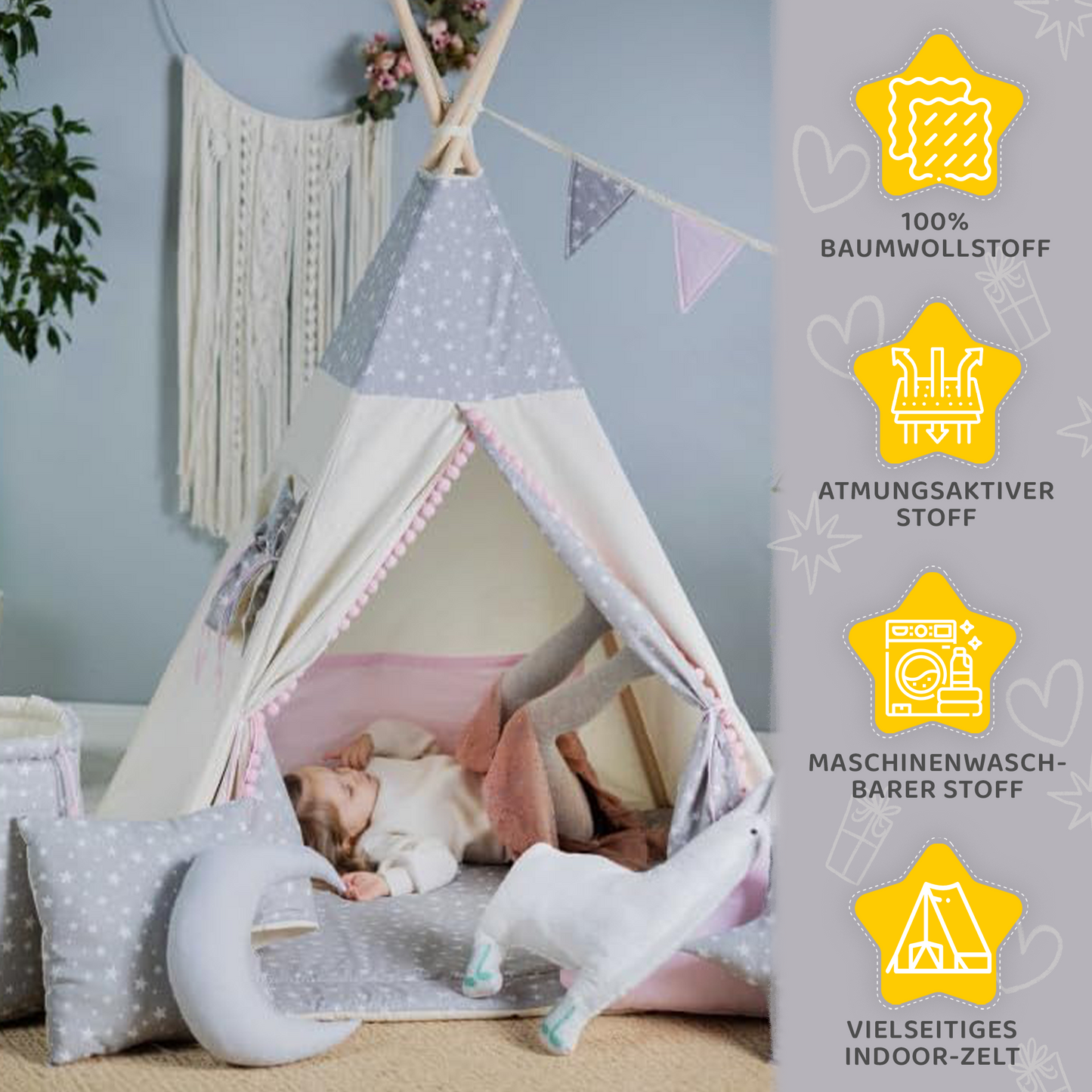 Tipi Spielzelt Wolfstern Rosa | Rosa Kinderzelt mit Wolf & Stern – Rainbow Kids