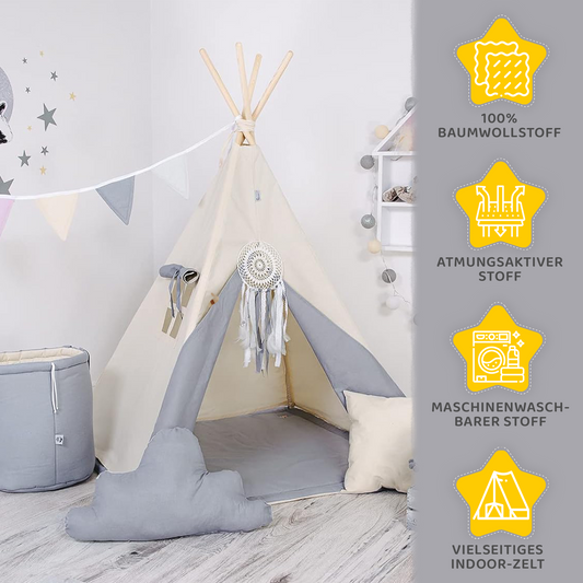 Tipi Spielzelt Grauer Wolf | Kinderzelt aus Baumwolle – Rainbow Kids
