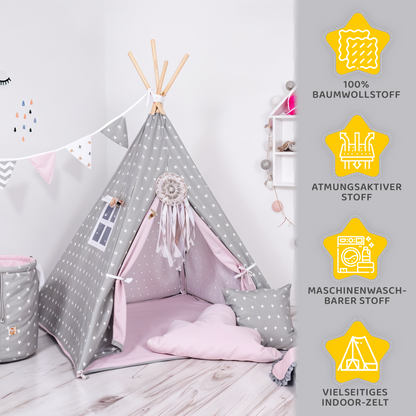 tipi zelt mit sternen Tipi Grauer Stern – Kinder Tipi aus Baumwolle
