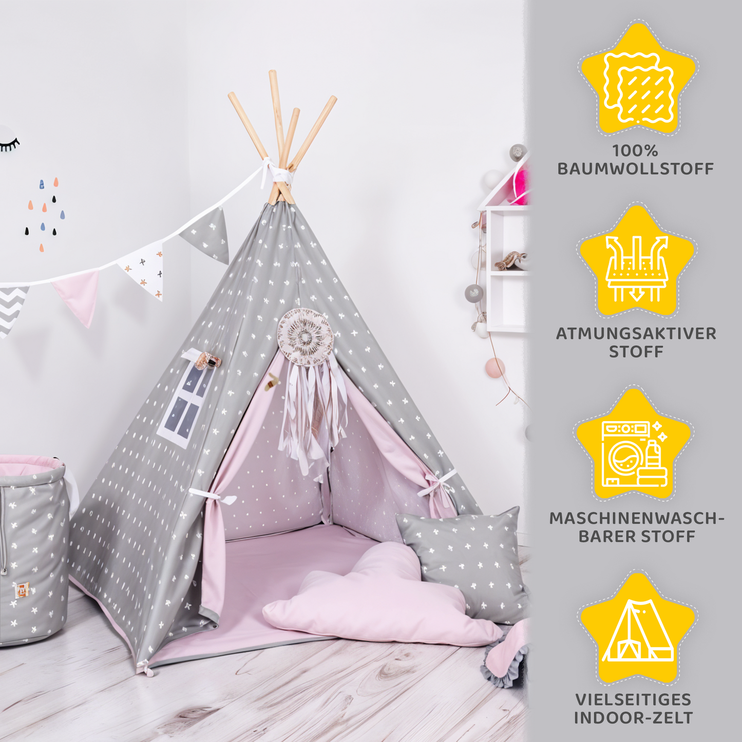 Tipi Spielzelt Grauer Stern | Kinderzelt mit Sternenmuster – Rainbow Kids