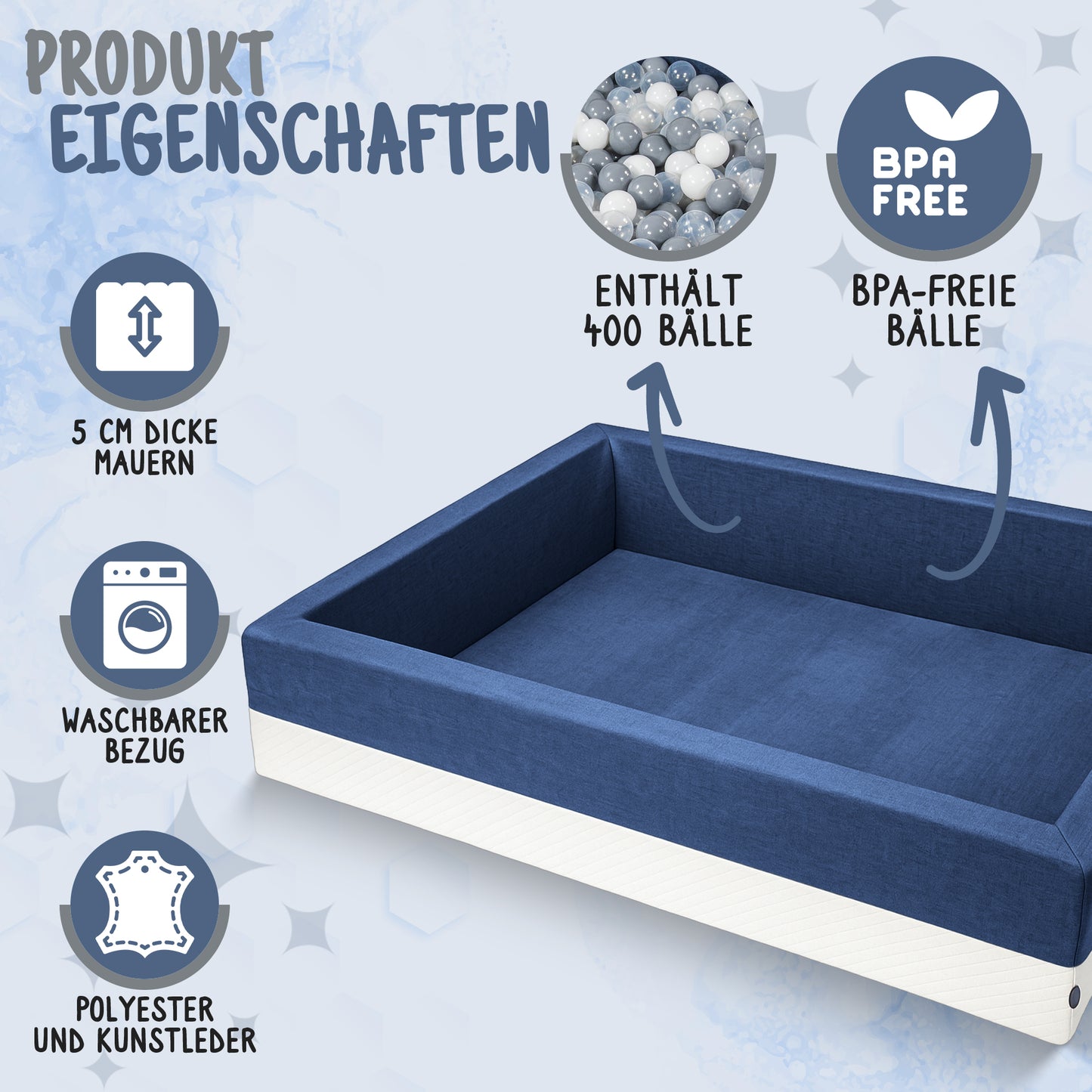 XL Bällebad Dunkelblau 120×90×40 cm | Kunstleder Kinder Bällebad – Rainbow Kids