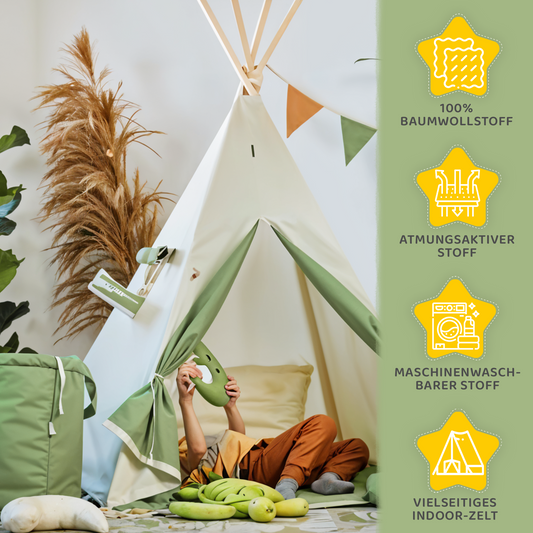 Tipi Spielzelt Grüner Wolf | Kinderzelt in Grün mit Wolfmotiv – Rainbow Kids