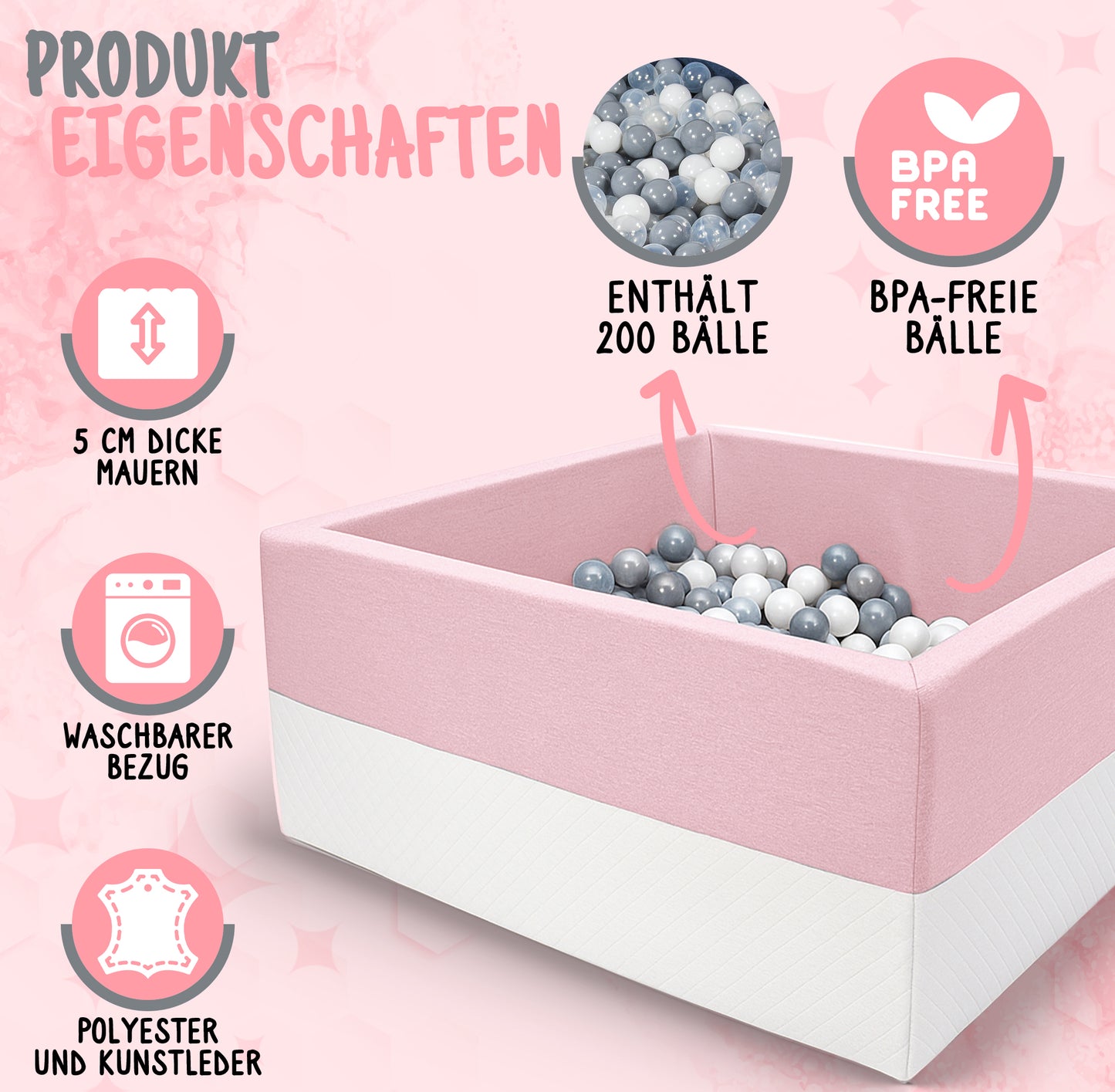 L Bällebad Rosa 90×90×40 cm | Kunstleder Kinder Bällebad – Rainbow Kids