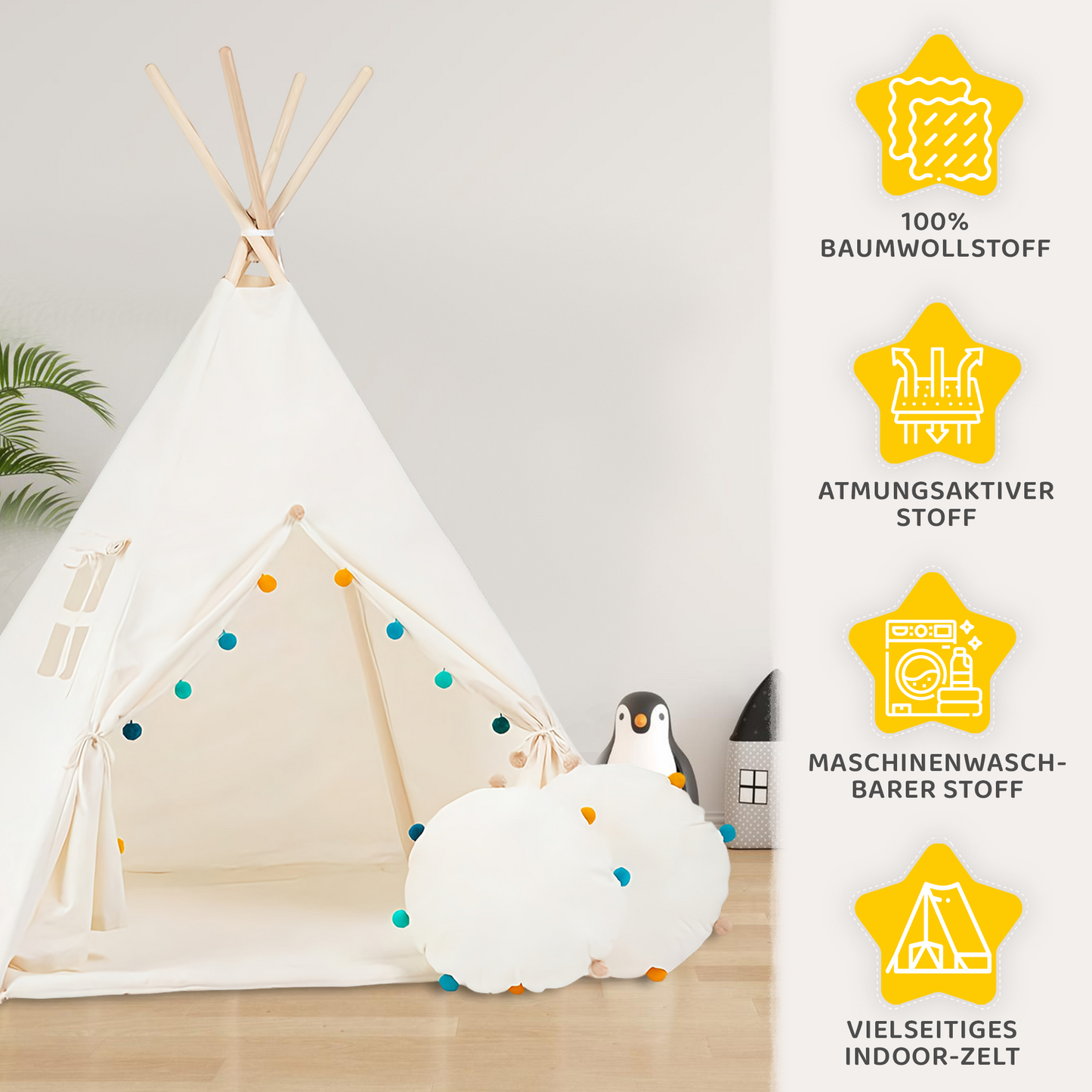 Tipi Spielzelt Pompons | Verspieltes Kinderzelt mit Deko – Rainbow Kids