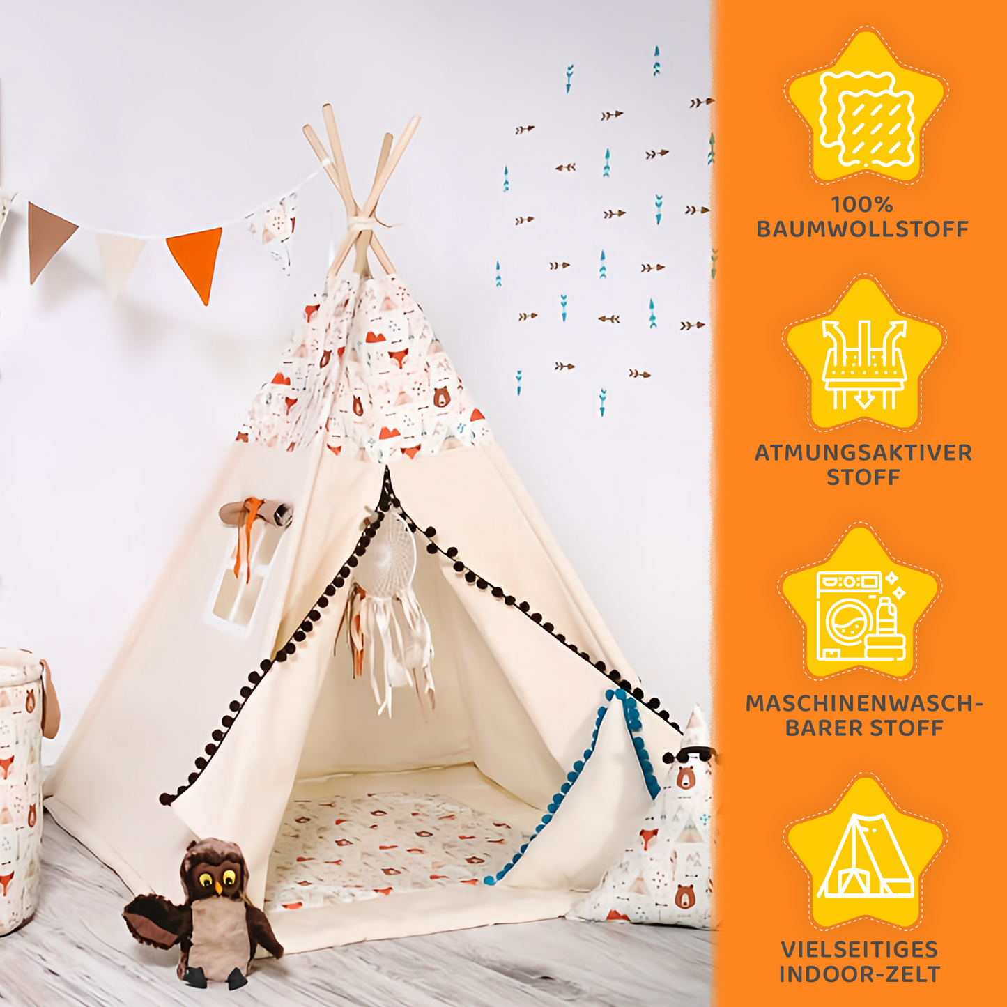 Tipi Spielzelt Fuchsi & Bärchen | Kinderzelt mit Tiermotiven – Rainbow Kids