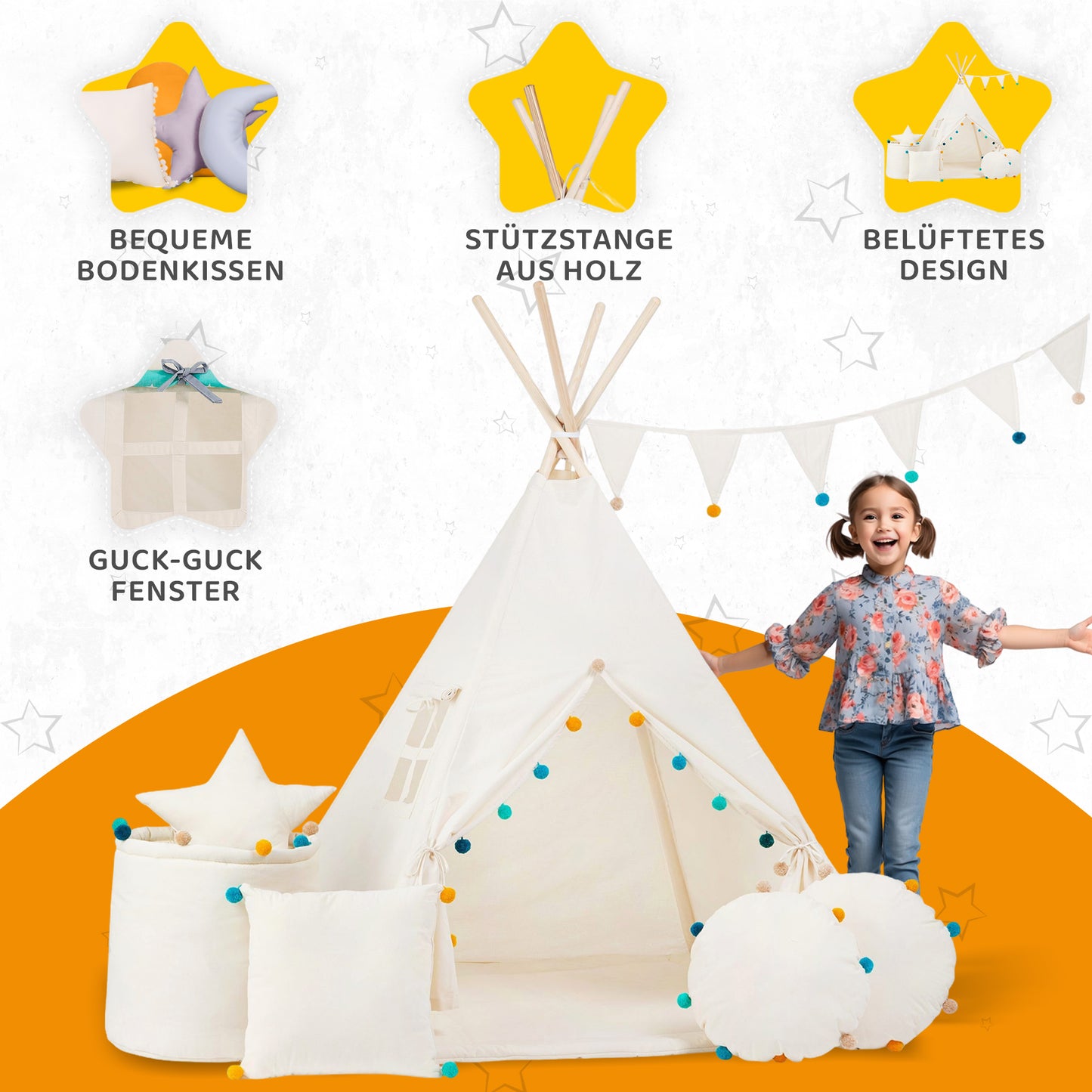 Tipi Spielzelt Pompons | Verspieltes Kinderzelt mit Deko – Rainbow Kids