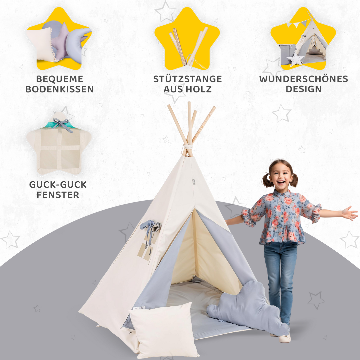 Tipi Spielzelt Grauer Wolf | Kinderzelt aus Baumwolle – Rainbow Kids