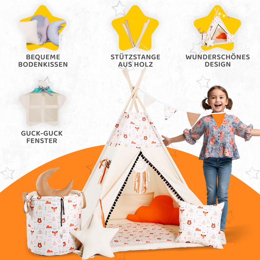Tipi Spielzelt Fuchsi & Bärchen | Kinderzelt mit Tiermotiven – Rainbow Kids