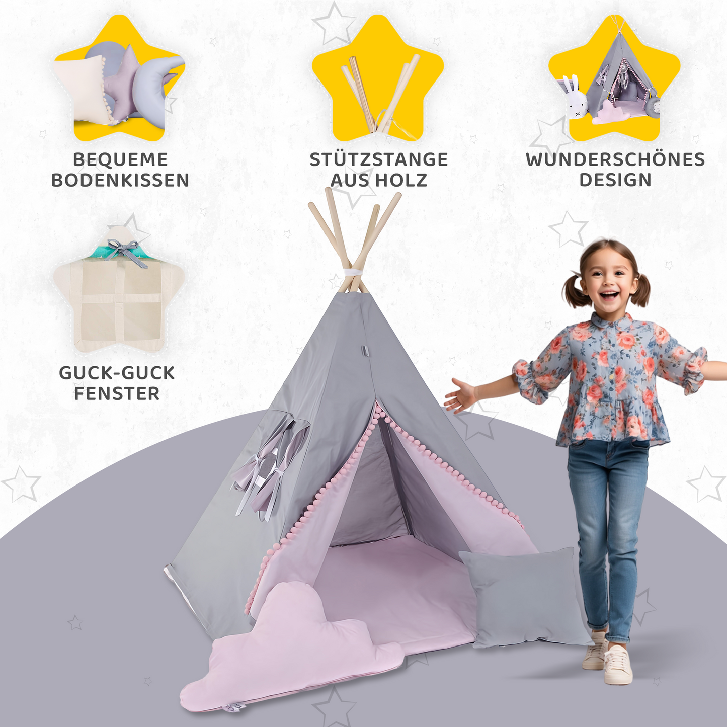 Tipi Spielzelt Grauer Hase | Kinderzelt mit Hasenmotiv – Rainbow Kids