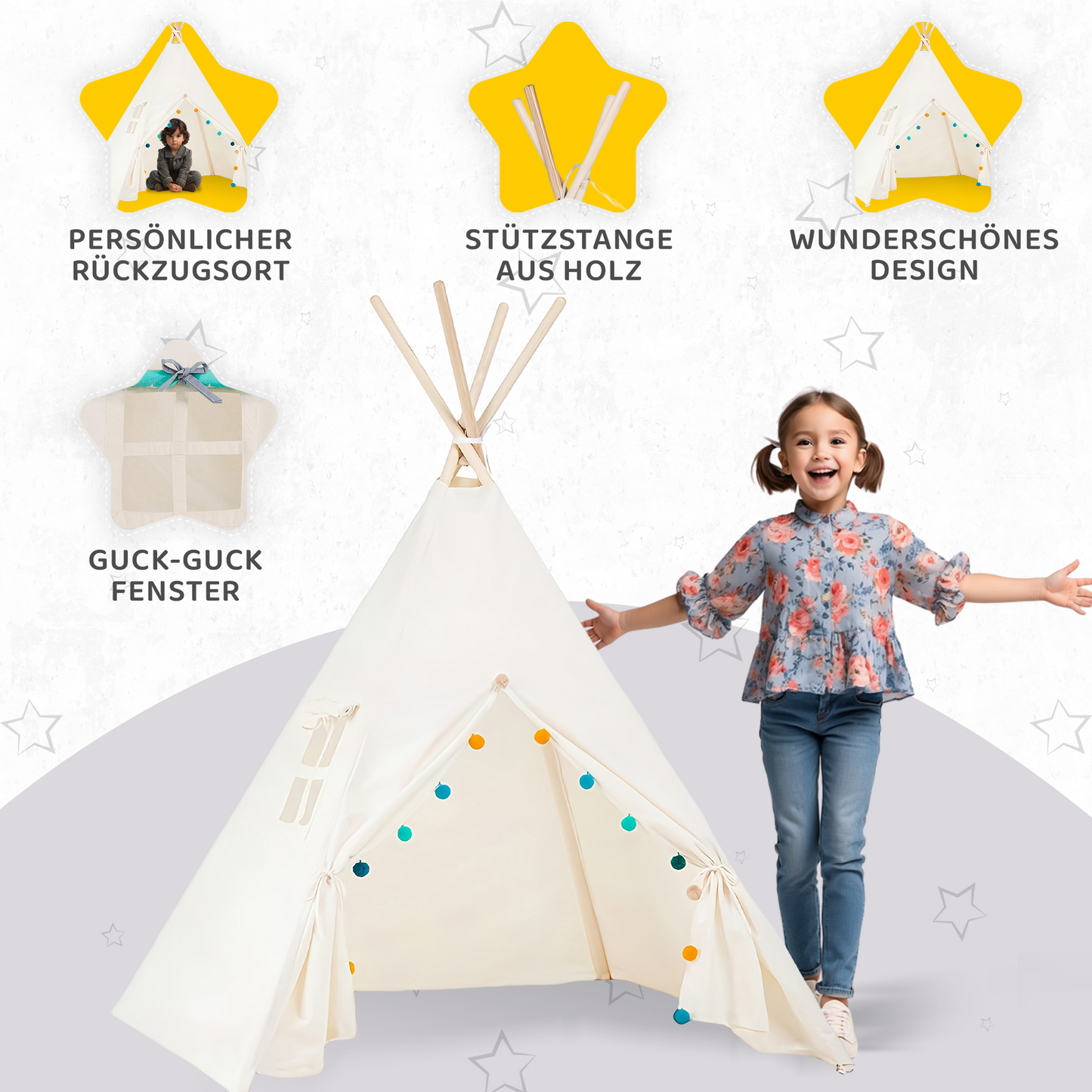 Tipi Spielzelt Pompons | Verspieltes Kinderzelt mit Deko – Rainbow Kids