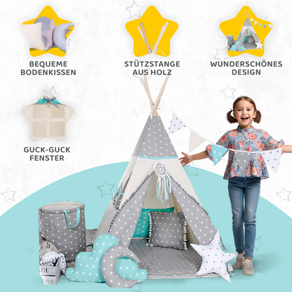 Tipi Spielzelt Wolfstern Grau | Kinderzelt mit Stern & Wolf Motiv – Rainbow Kids