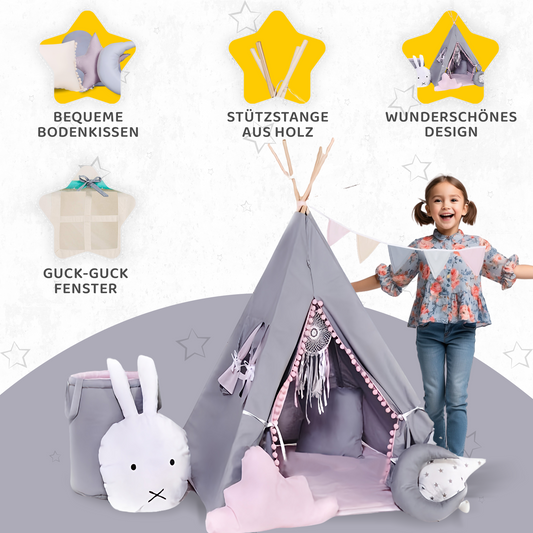 Tipi Spielzelt Grauer Hase | Kinderzelt mit Hasenmotiv – Rainbow Kids