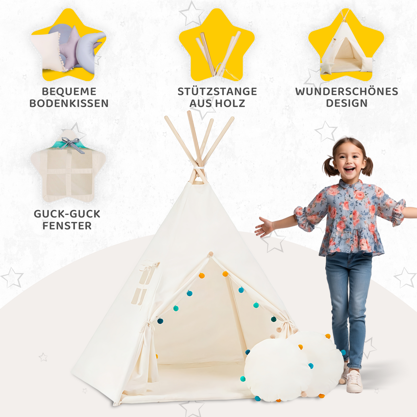 Tipi Spielzelt Pompons | Verspieltes Kinderzelt mit Deko – Rainbow Kids
