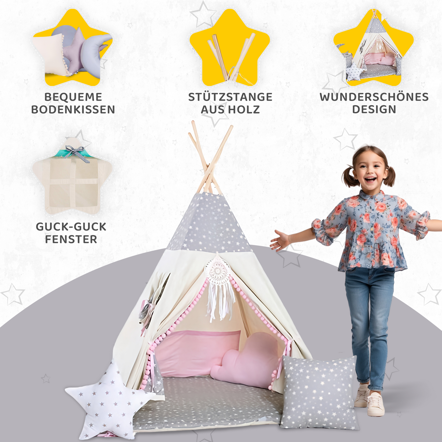 Tipi Spielzelt Wolfstern Rosa | Rosa Kinderzelt mit Wolf & Stern – Rainbow Kids